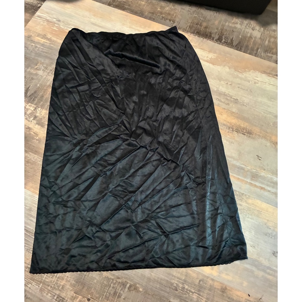 Vintage Black Nylon Half Slip Midi Length Lace Trim Made in USA Large